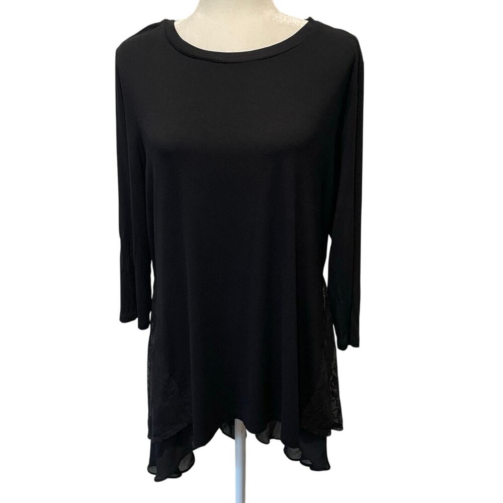 LOGO Lori Goldstein Black Lace Overlay Tunic Top Sz L Hi-Low Flowy Stretch